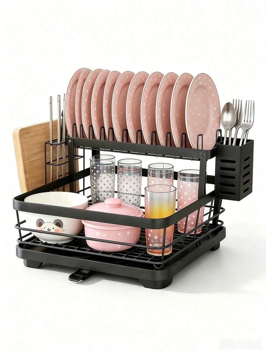 Multifunctional Two-Tier Kitchen Sink Dish Drainer Organizer Rack, Stainless Steel Divided Storage System With Independent Slots For Cutlery, Knives, Plates & Cutting Boards, Space-Saving Large Capacity Modular Countertop Kitchen Storage - Black - View 1