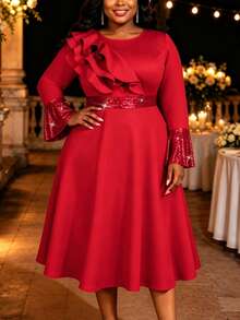 AOMEI Plus Size Women's Elegant Luxurious Red Mid-Length A-Line Dress, Long Flared Sleeve Design, Round Neck With Ruffle Trim, Suitable For Wedding, E - Red - View 6