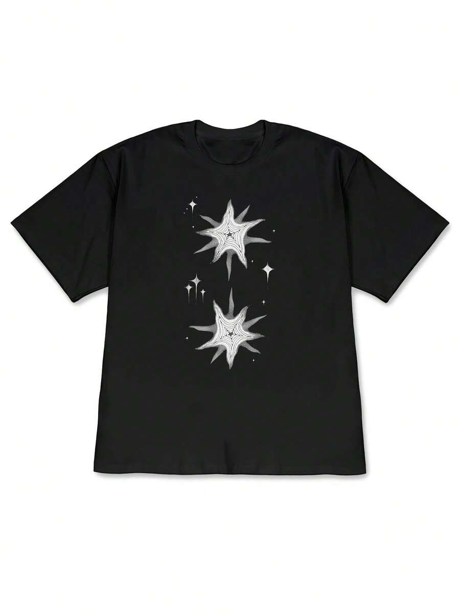 Unisex Loose Fit T Shirt - Star-Printed Short-Sleeve Top,Loose Fit Street Style,Suitable For Everyday Wear In Spring And Summer. - 黑色 - 查看 1
