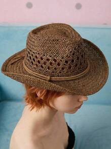 Joivida 1pc/Set Bohemian Hollow Straw Hat, Summer Fashion Beach Vacation UV Protection Woven Panama Hat, Suitable For Spring/Summer Outdoor Travel Vacation - Multicolor - View 1