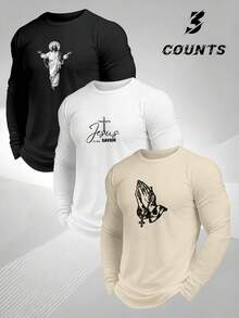 SU ER 3pcs/Pack Men's Printed Long Sleeve T-Shirts - Multicolor - View 1