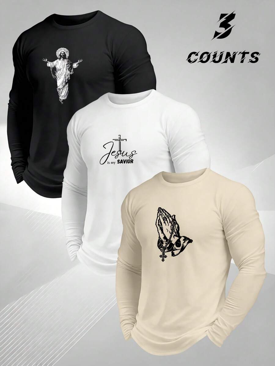 SU ER 3pcs/Pack Men's Printed Long Sleeve T-Shirts - Multicolor - View 1