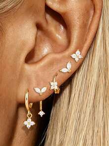 5PCS Crystal Flower Butterfly Stud Earring Set Women Fashion Swing Pendant Earring Cartilage Tragus Helix Lobe Piercing Jeweley - 1 Gold - 5 PCS - View 3