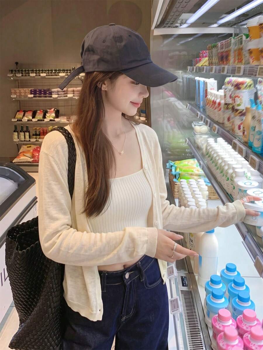 秋冬韓系甜美休閒風基本款V領針織開襟外套 女款百搭素色上衣顯瘦長袖夾克/單穿 早秋新款Ins風 - 杏色 - 查看 1