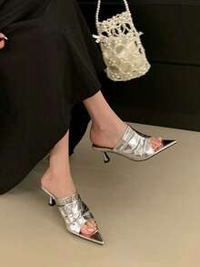 女款時尚銀色金屬感百褶方頭露趾高跟穆勒拖鞋，細高跟露背涼鞋，Y2K街頭風時尚 - 銀色 - 查看 1