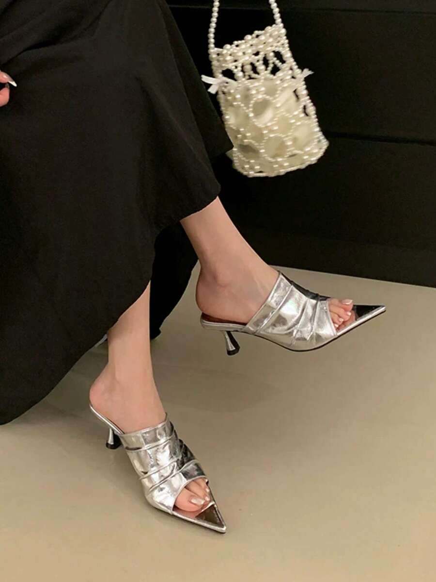 女款時尚銀色金屬感百褶方頭露趾高跟穆勒拖鞋,細高跟露背涼鞋,Y2K街頭風時尚 - 銀色 - 查看 1