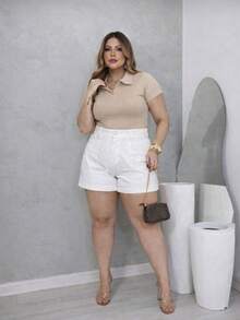 Polo Shirt Cotton Ribbed Comfortable Elegant Casual Everyday PLUS SIZE 007 - Khaki - View 3