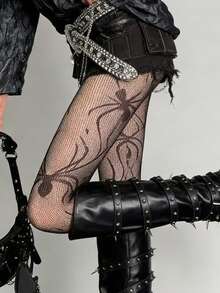 Meia-calça de Rede com Estampa de Aranha de Halloween para Mulheres, Meias de Malha Oca Estilo Dark Y2K, Leggings Atmosféricas - Multicolorido - Visão 2