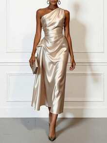 Women's Summer Evening Midi Dress, Elegant One-Shoulder Ruched Fitted Style, Satin Fabric, Sleeveless, Champagne Black Blue, Draped Design, Luxurious - Champagne - View 5