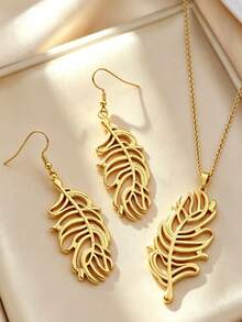 1 Set de Collar con Colgante y Pendientes de Diseño de Pluma Estilo Minimalista Elegante de Acero Inoxidable, Joyería para Mujer, Adecuado para Uso Diario o Asistir a Conciertos o Compromisos, Regalo Perfecto de Vacaciones para Mujeres - Amarillo Oro - Ver 1