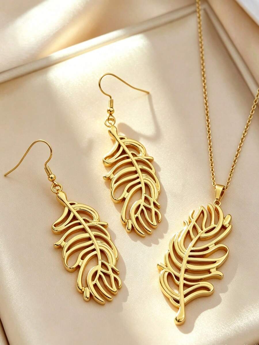 1 Set de Collar con Colgante y Pendientes de Diseño de Pluma Estilo Minimalista Elegante de Acero Inoxidable, Joyería para Mujer, Adecuado para Uso Diario o Asistir a Conciertos o Compromisos, Regalo Perfecto de Vacaciones para Mujeres - Amarillo Oro - Ver 1