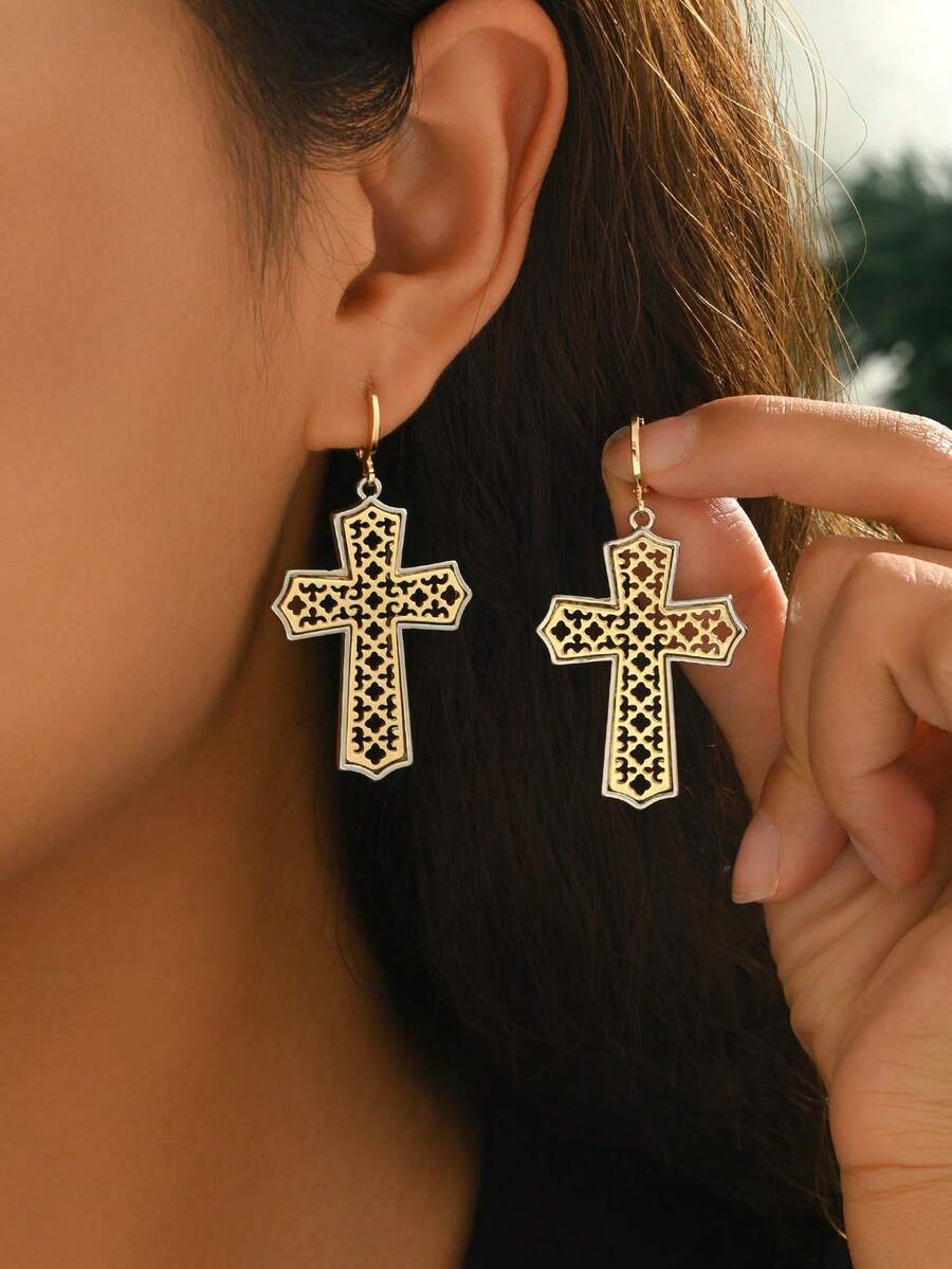 Fashionable Dual-Tone Silver & Gold Fine Textured Cross Hoop Earrings, Vintage Gothic Hollow Lace Cutout Religious Cross Pendant Earrings With Minimalist Design, Unique And Versatile For Daily Wear - Gold - View 1