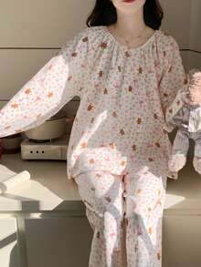 2pcs Women's Pajama Set, Cute Bear, Bow, Ditsy Floral Round Neck Button-Down Korean Style Long Sleeve Pants, Easy Care Fabric - Multicolor - View 11