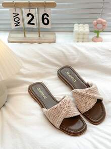 Women's Thick Sole Square Toe Woven Slides, Summer Outdoor French Vacation Style Elegant Sandals - Beige - View 13
