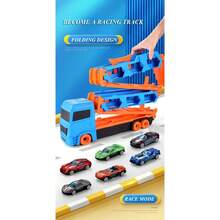Vehículo de transporte de pista de eyección transformable extra grande, camión de carga de almacenamiento de doble capa con 2 coches de aleación, pista de carreras de eyección de un clic, juego interactivo para padres e hijos en interiores y exteriores, regalo perfecto para el Día del Niño y cumpleaños - Multicolor - Ver 11