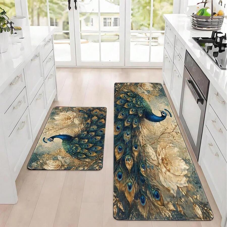 Luxury Peacock Floral Kitchen Mat, Durable And Machine-Washable Doormat, Universal Rug For Living Room, Bedroom, Office, Bathroom, Balcony, Hallway, Porch, Kitchen, And Outdoor Entrance, 2D Flat Print, 2D Flat - Multicolor - View 1