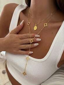 2pcs Fashion Stainless Steel 18K Gold Cross & Four-Leaf Clover Y-Shaped Chain Long Tassel Necklace Set - Gold - View 1