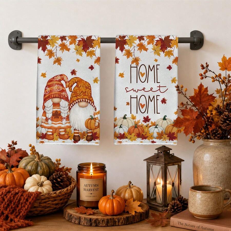 MEMNUN 2 Pcs Cartoon Autumn Couple Gnome Pumpkin Maple Leaf Printed Pattern Kitchen Towels Dish Cloths Super Fine Microfiber Polyester Material Home Sweet Home Cozy Home Decor Hand Towels Thanksgiving Home Fabric Hanging Towels Home Decor, Kitchen Decor, Fall Decor Suitable For Restaurant Kitchen Home Decor And Gift Giving 40*60cm/45*70cm - Multicolor - View 1