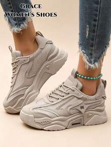 Women's Casual Retro Thick Sole Round Toe Sneakers, Suitable For Outdoor Activities, Mesh Material, Lace-Up Style, Suitable For Spring And Summer - Light Grey - View 3