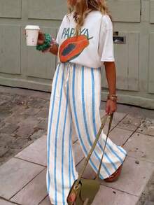 Women's Summer Pink Striped Wide Leg Pants, High Waist Casual Loose Beach Pants, Bohemian Style Pink Vertical Striped Straight Leg Long Pants - White and Blue - View 3