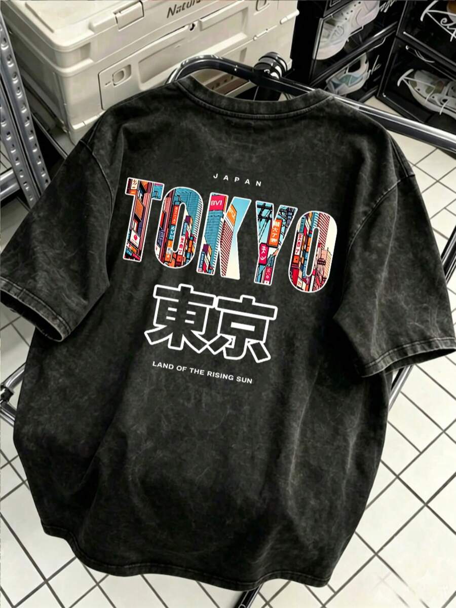 Japan Tokyo Letter Print Oversized T-Shirt Casual Black Summer - Black - View 1