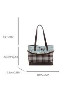 New Fashion Tote Bag, Sweet Style With Ruffle And Bow Decoration, Striped And Polka Dot Print Patchwork, Zipper Closure, Large Capacity Lightweight Minimalist Shoulder Bag. Suitable For Women's Daily Life, Casual, Commuting, Work, Vacation And Student Use - Coffee - View 7