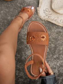 Women's Round Toe Fabric Beaded 3D Sequin Floral Back Elastic Band Flat Sandals, Casual Home Fashion Elegant - Brown - View 1