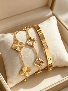 3pcs/1pc Fashion Clover Rhinestone Bracelet Set, Stainless Steel Premium Versatile Vintage Bracelet Set, Suitable For Women's Daily Wear, Holiday Gift, Waterproof And Fade-Resistant Jewelry Bracelet Combination - Gold - View 7