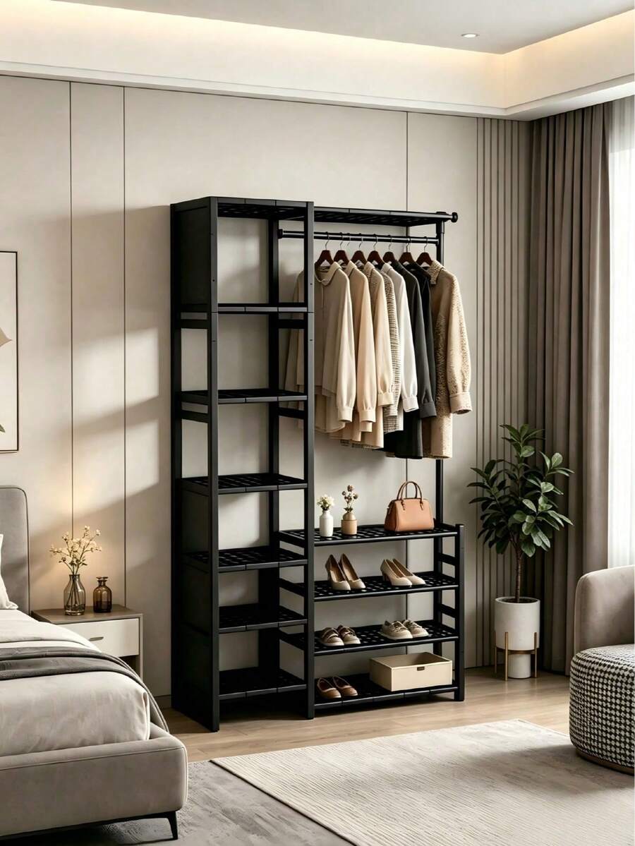 Multifunctional Metal Garment Rack With Multi-Tier Shoe Shelves & Side Storage, Space-Saving Freestanding Coat Organizer For Bedroom, Entryway, Dorm & Apartment, To Hang Clothes And Store Footwear & Daily Essentials - Multicolor - View 1