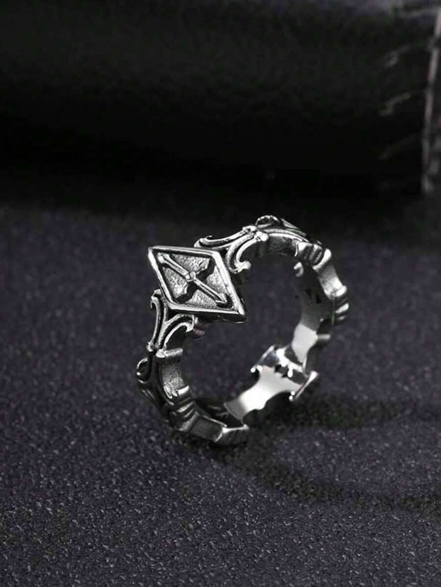 1 chiếc nhẫn nam hình khiên thánh giá phong cách Gothic bằng thép không gỉ, màu bạc, trang sức punk cổ điển - Bạc - Xem 1