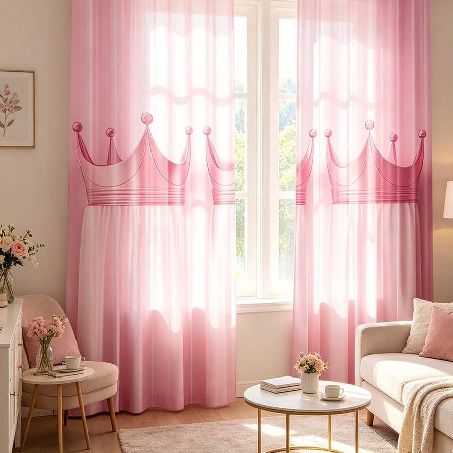 2PCS Pink Crown Curtains, Three Pink Crown Patterns, Rod Pocket, Polyester Fiber Material, Half Transparent Machine Washable Curtains For Living Room, Bedroom, Balcony, And Study Decoration, Sweet Decorative Curtains,2D Flat Printing - Multicolor - View 1