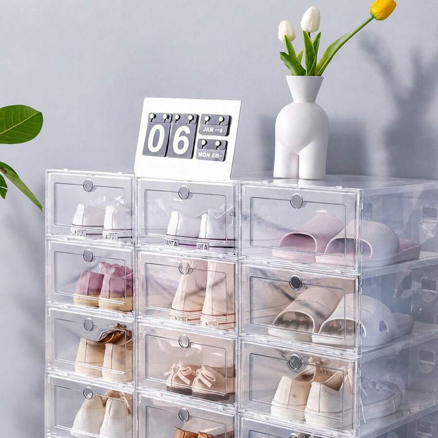 4-12pcs Transparent Stackable Shoe Boxes, Foldable Shoe Rack, Sports Shoe Storage Box, Transparent Shoe Storage Box, Suitable For Closet, Entryway, Bedroom, Wardrobe, Space-Saving, Dust-Proof, Front-Opening Storage Box, Suitable For Sports Shoes, Boots, High Heels, Flats, Daily Shoes, Home Storage