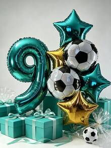 Mint Blue Number Balloon Set, Football Theme Birthday Balloon Combination, Suitable For Birthday, Anniversary, New Year Celebration, Wedding, Bachelor Party, Celebration Decoration Supplies, Foil Material - Mint Blue Number and Five-pointed Star Soccer Kit - View 7