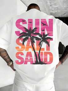 Unisex White Short-Sleeved T-Shirt With Gradient Wave Print And Large Lettering | Casual Summer Top With A Coastal Style | Loose Fit With Dropped Shoulders, Ideal For Travel And Outings - 白色 - 查看 1