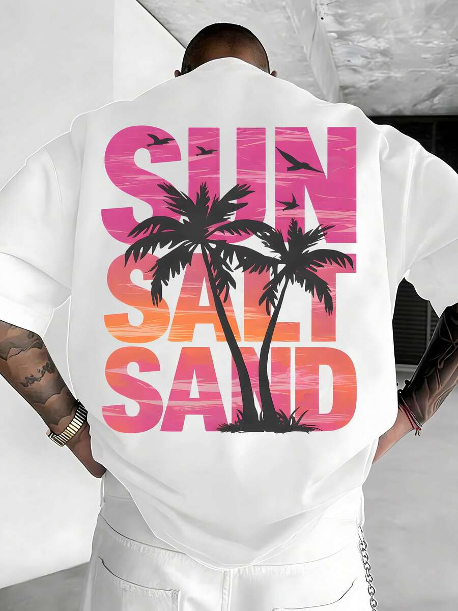 Unisex White Short-Sleeved T-Shirt With Gradient Wave Print And Large Lettering | Casual Summer Top With A Coastal Style | Loose Fit With Dropped Shoulders, Ideal For Travel And Outings - 白色 - 查看 1