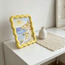 Yellow Wavy Border Photo Frame Display Box, Bedroom Nightstand Decor, Desktop Photo Frame, Coastal Style Wavy Photo Frame, Simple Mirror Can Be Used As Photo Frame, Art Display Photo Frame, Yellow Coastal Printed Mirror Can Be Used As Photo Frame, K-Pop Star Card Photo Album - Multicolor - View 9