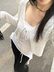甜美性感鏤空前綁帶針織開襟衫，Y2K 長袖 V 領開襟衫，適合夏季度假派對、母親節休閒穿搭 - 杏色 - 查看 6
