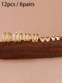 12Pcs Gold Plated Hoop & Stud Earring Set, Butterfly Heart CZ Twist Beaded Stackable Piercing Jewelry For Women Daily Party Casual Accessories - 2 Gold - 12 PCS - View 6