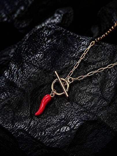 1pc 18K Gold Plated Enamel Minimalist Elegant Gold Stainless Steel Chili Pepper Pendant Necklace With QT Clasp - Adjustable Side Chain, Luxury Minimalist Design, Suitable For Daily Wear And Gifting