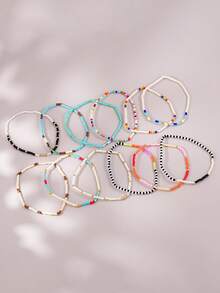 Juego de 12 piezas de pulseras elásticas apilables de varias capas con cuentas pequeñas de colores mixtos hechas a mano, accesorios de joyería para vacaciones y fiestas de mujeres - Multicolor - Ver 2