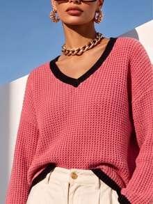Plus Size Contrast Trim V-Neck Drop Shoulder Waffle Knit Sweater, Loose Long Sleeve Casual Pullover Pink - Pink - View 5