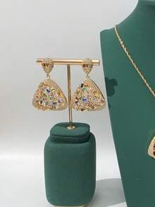 Saudi Arabia Copper Color Zirconia Gold Necklace & Earrings 2pcs Set Jewelry Accessories For Women Wedding Bridal Dress Middle East Dubai New Arrival Bride Earrings Necklace Square Chain Valentine's Day Gift - Gold - View 6