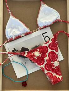 Women's Casual Vacation Floral Halter Bikini Set, Elegant High Elasticity Swimsuit Summer - Multicolor - View 4