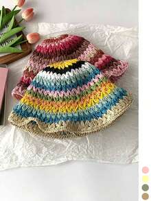 Dopamine Striped Straw Fisherman Hat Women Summer Hollow Out Breathable Bucket Hat Slimming Face Sun Protection Sun Hat Plus Size Rainbow Striped Hollow Straw Hat Women Travel Outdoor Sun Protection Face Covering Sun Hat Women New Wide Brim Slimming Face Large Head Circumference Handmade Woven Large Size Fisherman Hat Vacation Beach Bucket Hat Back To School - Multicolor - View 3
