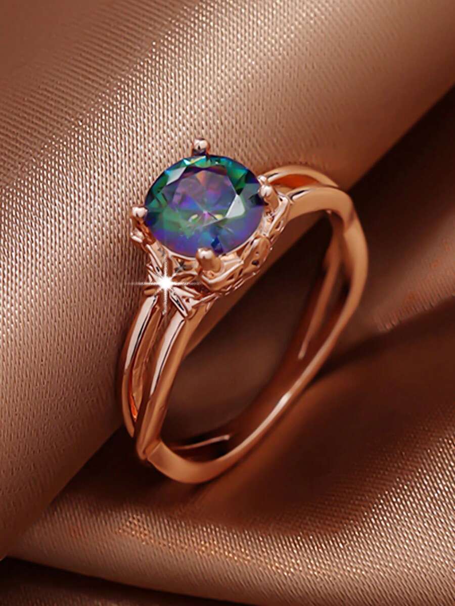 1PC Classic Sparkling Round Cubic Zirconia Ring, Perfect Gift For Proposal And Confession, Daily Gift, Women's Gift, Anniversary Gift, Jewelry Gift - Rose Gold - View 1