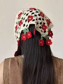 Hollow Knit Sweet Floral Women's Triangle Scarf/Headband, Daily Multi-Functional Hair Wrap, Pastoral Sweet Style Girl Hair Accessory, Daily Outing Vacation, Beach Photography - Red - View 2