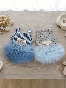Cute Striped/Heart Pattern Pet Collar Dress With Leash Ring, Soft Tulle Skirt, Suitable For Small And Medium Dogs, Handmade, Sweet Pet Outfit, Dog Costume, Dog Clothes, Dog Supplies - Multicolor - View 1
