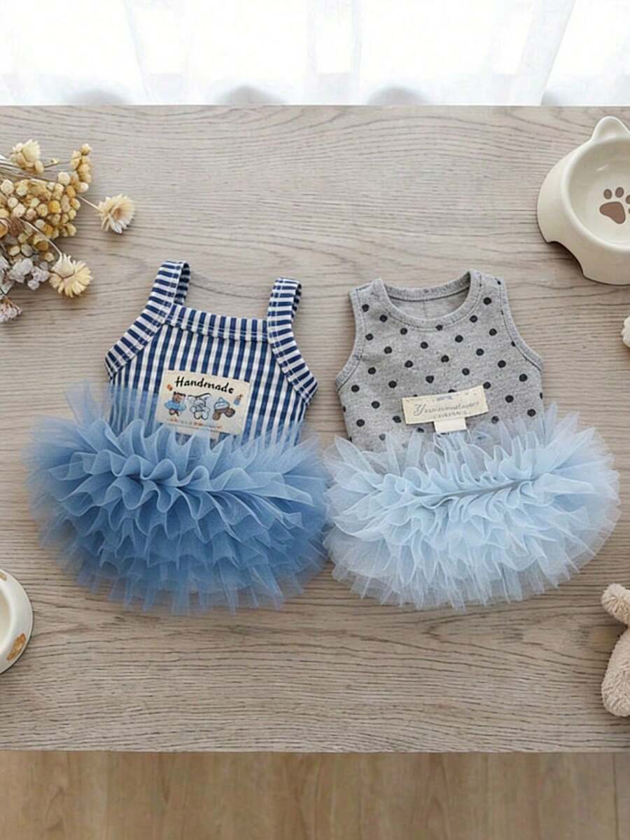 Cute Striped/Heart Pattern Pet Collar Dress With Leash Ring, Soft Tulle Skirt, Suitable For Small And Medium Dogs, Handmade, Sweet Pet Outfit, Dog Costume, Dog Clothes, Dog Supplies - Multicolor - View 1