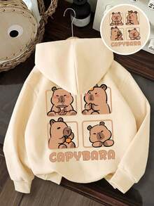 Girls Cartoon Pattern Warm Hooded Sweatshirt - Apricot - View 2