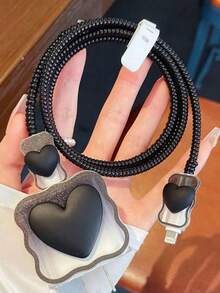 5pcs Black Heart-Shaped Protective Sleeve Coiled Cord Compatible With IPhone 18W/20W Fast Charger Soft Case, Ideal Gift - Black - View 8